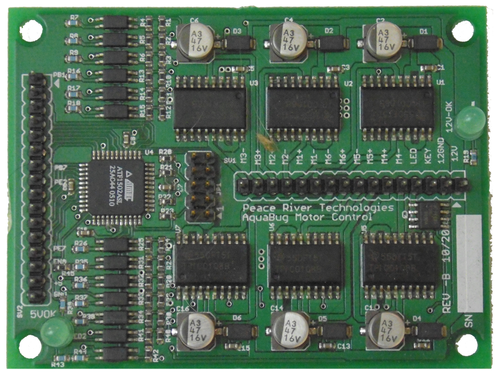 Electronic circuit board with Peace River Technologies branding on a green background