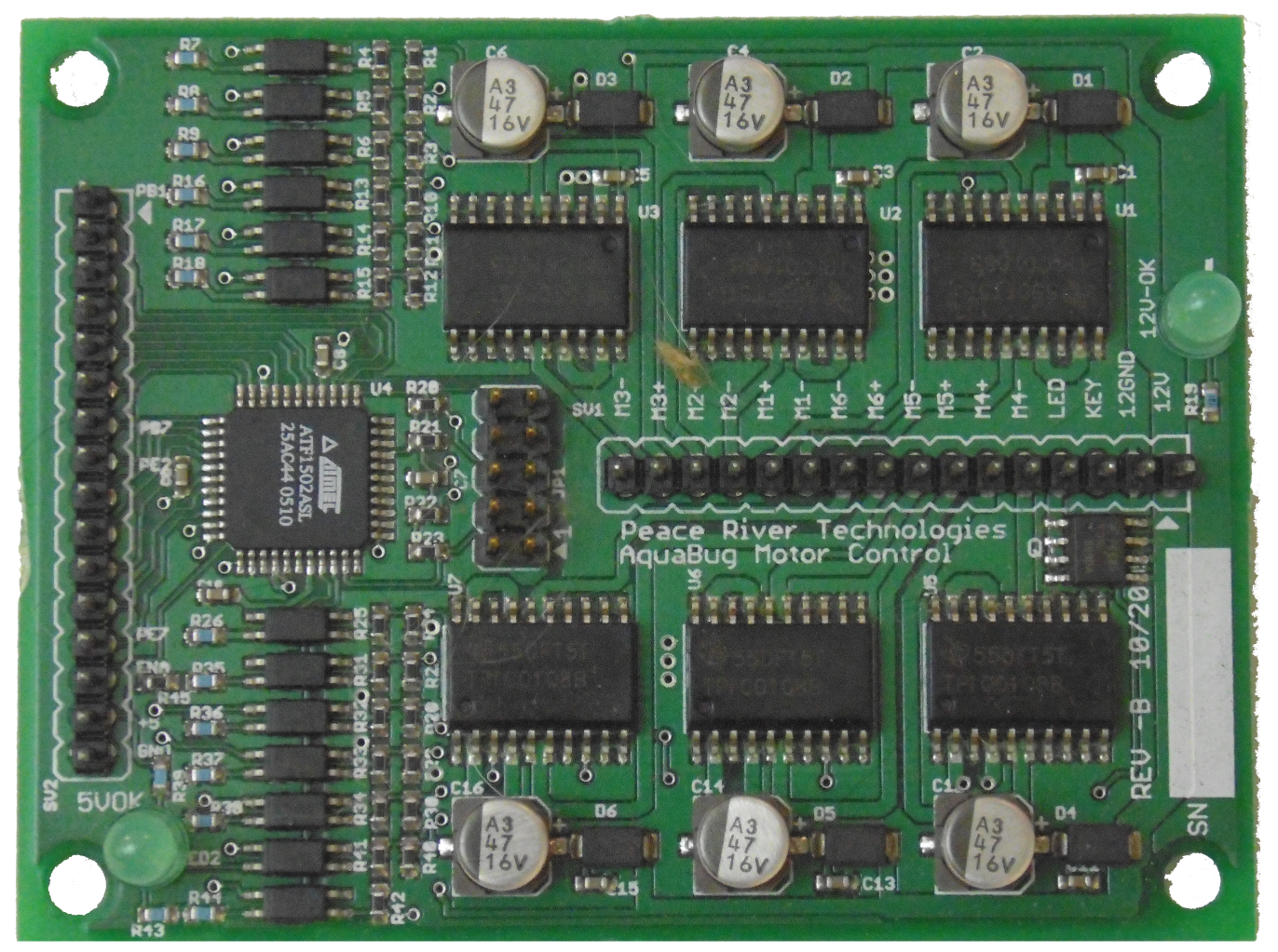 Electronic circuit board with Peace River Technologies branding on a green background