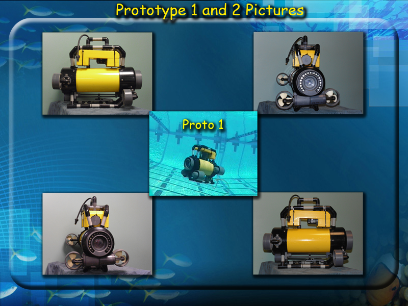 Collage of prototype underwater vehicle images with 'Proto 1' labeled.