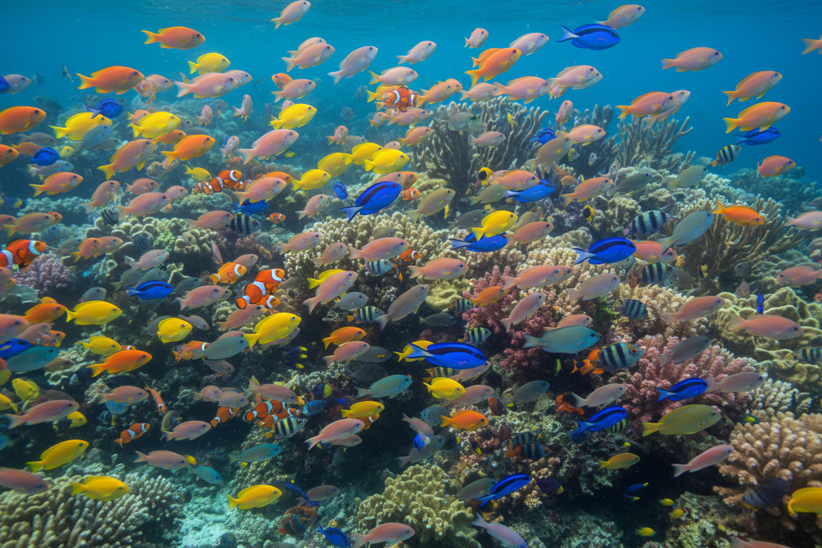 a close look at a large group of colorful fish swimming